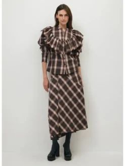 BIZUU Spódnica maxi AYELLA A-LINEN CHECKED SKIRT Brązowy Standard Fit