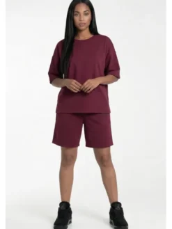 FIGL Komplet bluzka i szorty sportowe M1306 Bordowy Loose Fit