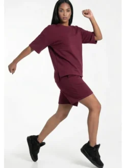 FIGL Komplet bluzka i szorty sportowe M1306 Bordowy Loose Fit