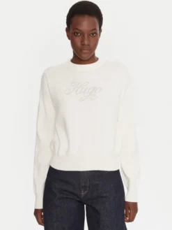 HUGO Sweter Slogix_B 50548145 Biały Relaxed Fit
