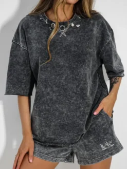LilaLou Komplet bluzka i szorty sportowe Go Baby Go Czarny Regular Fit