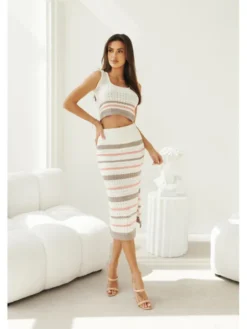LilaLou Komplet top i spódnica Punta Cana Beżowy Slim Fit