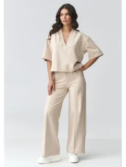 Makadamia Dres M921 Beżowy Loose Fit