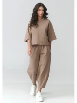 Makadamia Dres M916 Brązowy Loose Fit