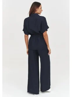 Makadamia Komplet bluzka i spodnie C54 Niebieski Loose Fit