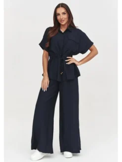 Makadamia Komplet bluzka i spodnie C54 Niebieski Loose Fit