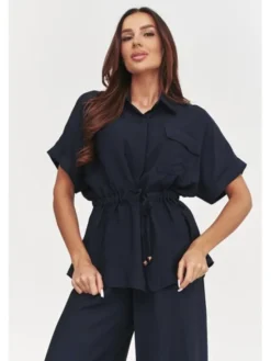 Makadamia Komplet bluzka i spodnie C54 Niebieski Loose Fit