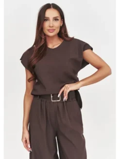 Makadamia Komplet bluzka i spodnie C55 Brązowy Loose Fit