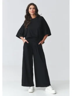 Makadamia Komplet bluzka i spodnie M926 Czarny Loose Fit