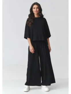 Makadamia Komplet bluzka i spodnie M926 Czarny Loose Fit