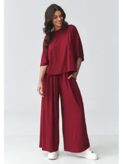 Makadamia Komplet bluzka i spodnie M926 Bordowy Loose Fit