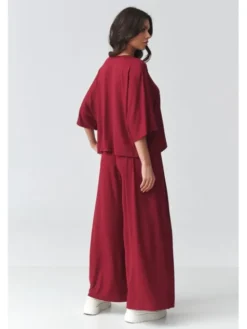 Makadamia Komplet bluzka i spodnie M926 Bordowy Loose Fit