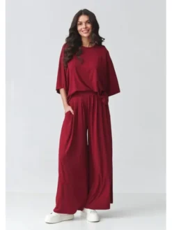Makadamia Komplet bluzka i spodnie M926 Bordowy Loose Fit