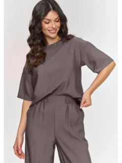 Makadamia Komplet bluzka i spodnie M945 Brązowy Loose Fit