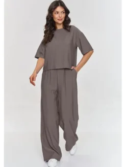 Makadamia Komplet bluzka i spodnie M945 Brązowy Loose Fit