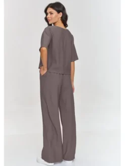 Makadamia Komplet bluzka i spodnie M945 Brązowy Loose Fit