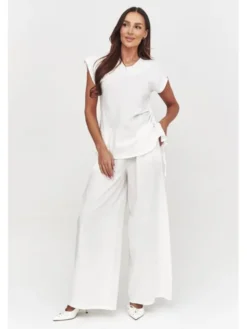 Makadamia Komplet bluzka i spodnie C55 Biały Loose Fit