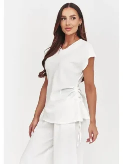 Makadamia Komplet bluzka i spodnie C55 Biały Loose Fit