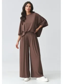 Makadamia Komplet bluzka i spodnie M926 Brązowy Loose Fit