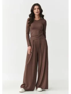 Makadamia Komplet bluzka i spodnie M892 Brązowy Loose Fit