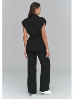 Makadamia Komplet bluzka i spodnie C69 Czarny Loose Fit