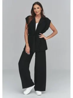 Makadamia Komplet bluzka i spodnie C69 Czarny Loose Fit