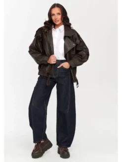 Makadamia Kurtka skórzana C77 Brązowy Loose Fit