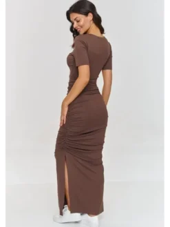 Makadamia Sukienka codzienna M872 Brązowy Cutted Fit