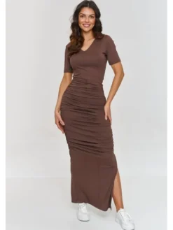 Makadamia Sukienka codzienna M872 Brązowy Cutted Fit