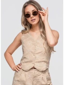 Ombre Kamizelka OW-VE-E0009 Beżowy Slim Fit