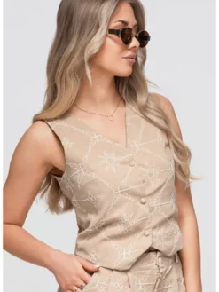 Ombre Kamizelka OW-VE-E0009 Beżowy Slim Fit