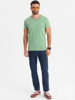 Ombre T-Shirt OM-TSBS-0237 Zielony Regular Fit