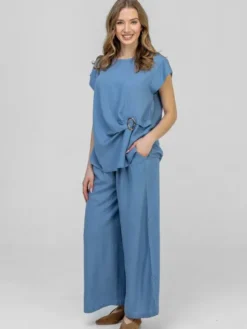 Perso Komplet bluzka i spodnie SET266168F Niebieski Regular Fit